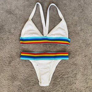 Blue Life White Bikini Size M Rainbow Detail Swim Cheeky